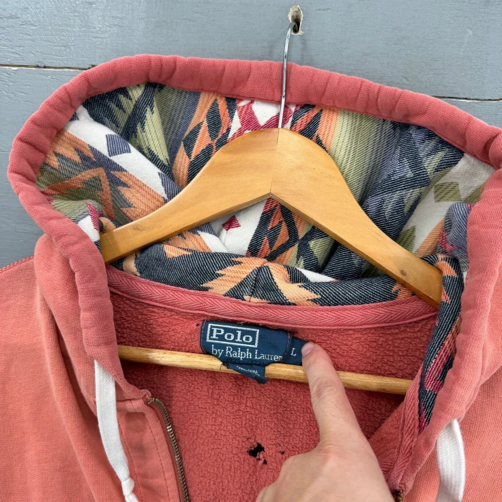 Vintage Polo Ralph Lauren Faded Zip Hoodie Salmon Pink Aztec Hood Lining Large